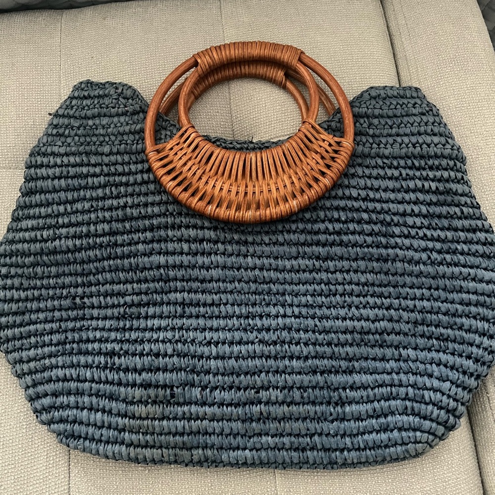 Handcrafted Woven Tote Bag - Blue with Tan Handles